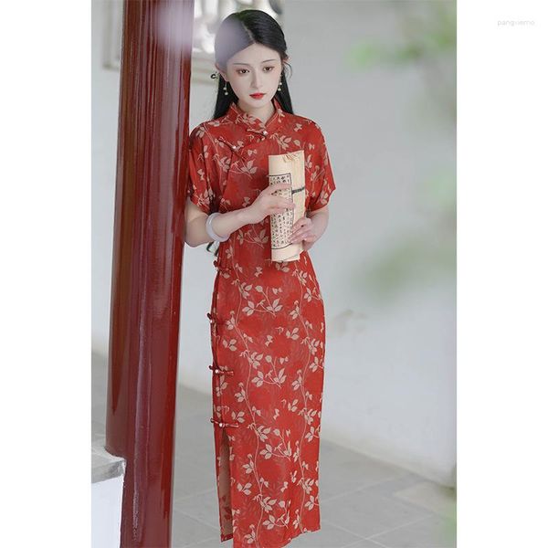 Vêtements ethniques Oriental Chinois Robe d'impression rouge Femmes Vintage Manches courtes Cheongsam Col Mandarin Qipao Stage Show Vêtements