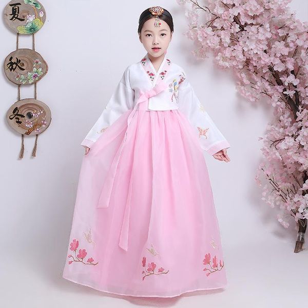 Ropa étnica Niñas orientales Bordado Hanbok Vestido Niños coreanos Trajes de baile Traje de actuación nacional Vestido de gasa elegante