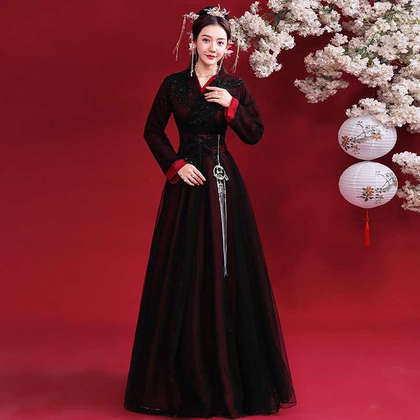 Ropa étnica Original Estilo antiguo Hanfu mejorado Mujer Negro Elegante Vestido Hanfu Baile folclórico chino Viene Ropa de rendimiento SL4536 G230428
