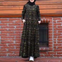 Etnische kleding Oten Ramadan Eid Women's Moslim Robe Dubai Print katoen lijnen lichtgewicht ademend Arabisch kalkoen ronde nek islamitisch