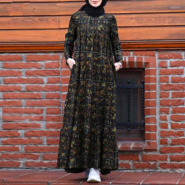 Vêtements ethniques OTEN Ramadan Eid Robe musulmane pour femmes Dubaï Imprimer Coton Lin Léger Respirant Arabe Turquie Col Rond Islamique