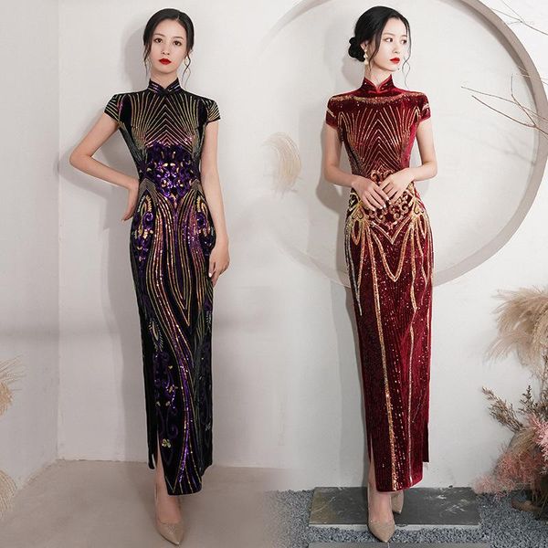 Vêtements ethniques Oversize 4XL Sexy Velours Sequin Fleur Cheongsam Femmes Slim Velours Qipao Élégante Soirée Robe De Soirée À Manches Courtes Vestidos