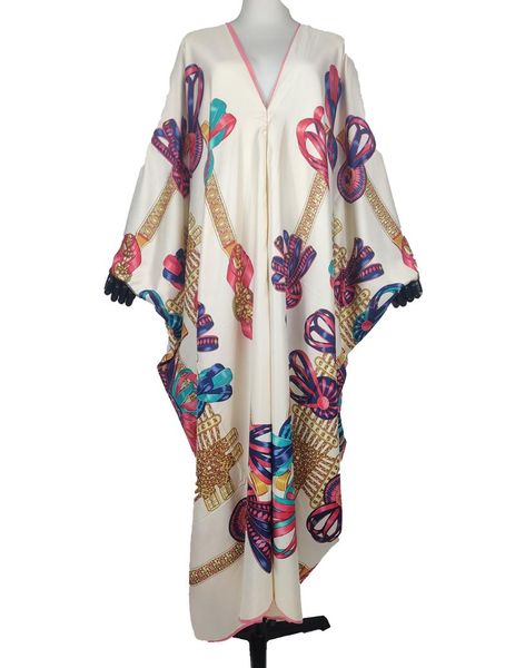 Vêtements ethniques surdimensionné traditionnel africain imprimé noble été plage col en v soie lâche femme caftan robe musulmane décontracté boho abaya