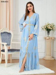 Vêtements ethniques Robe de soirée Abayas Femmes Dubai Imprimé Manches Longues Col V Bouton Bande Ceinture Décorative Caftan Split Bottom Vêtements Femme 230520