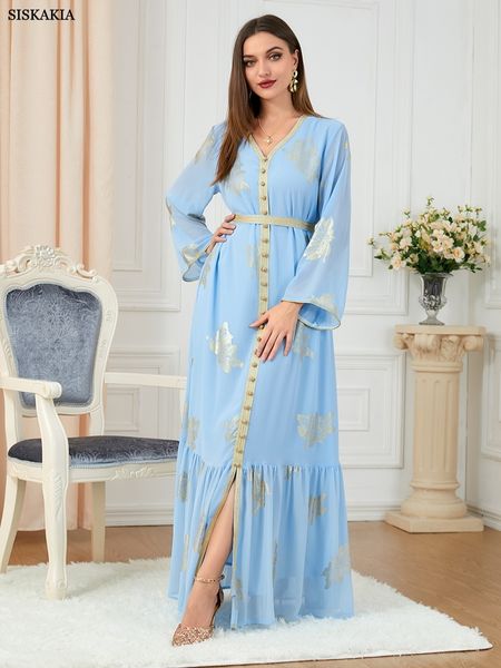 Ropa étnica Vestido de fiesta Abayas Mujer Dubai Impreso Manga larga Con cuello en v Botón Cinta Cinturón decorativo Kaftan Parte inferior dividida Ropa de mujer 230520