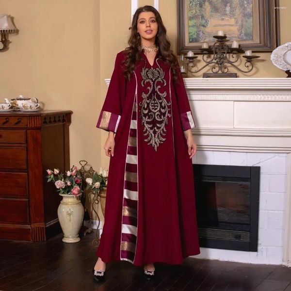 Vêtements ethniques patchwork Stripe Femmes Habille Broderie Party Dubaï Abaya Turquie Islam Arabie Longues robes de soirée Sequin Elegant musulman