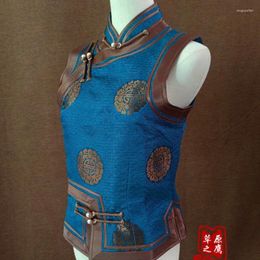 Vêtements ethniques Gilet mongol bleu paon pour hommes et femmes, même gilet court, doublure double ronde personnalisable
