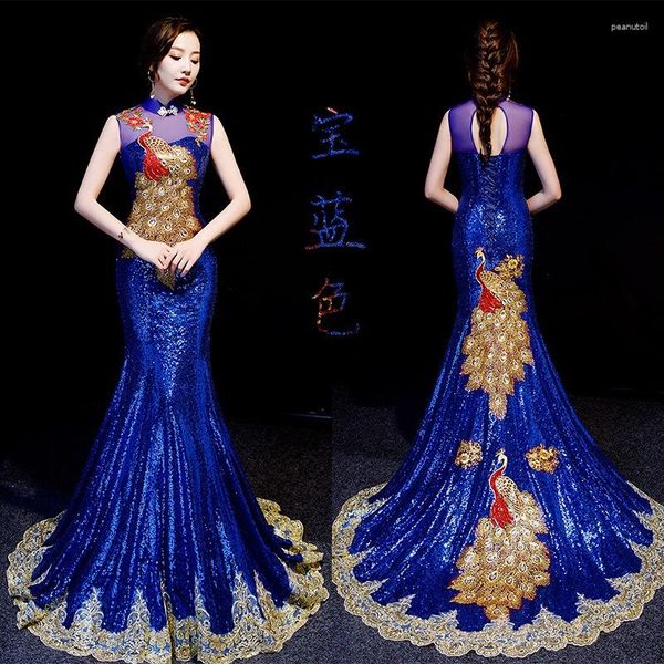 Vêtements ethniques Paon broderie style chinois longue traînée Cheongsam sexy mince soirée robe de soirée scène danse dressing qipao robes