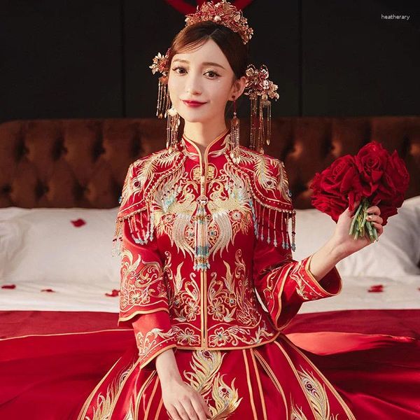 Vêtements ethniques Phoenix broderie perlée gland mariée robe de mariée rétro chinois Cheongsam mariage toast