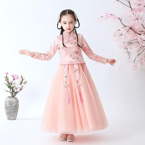 Ropa étnica Rosa bordado princesa vestido niñas Cheongsam rendimiento invierno felpa mantener caliente vestidos año