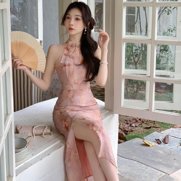 Vêtements ethniques Rose Fleur Imprimer Qipao Sexy Halter Cheongsam Femmes Style Chinois Robe Améliorée Slim Vestidos Longues Robes D'été