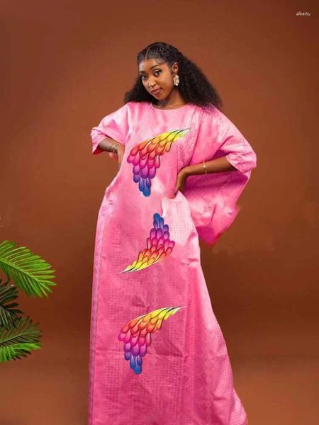 Ropa étnica Rosa Impreso Bazin Riche Vestidos largos Estilo de ocio Diario Dashiki Robe 2023 Último material Boubou