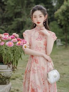 Etnische kleding Roze Qipao-jurk Traditionele Chinese verbeterde chiffon Franse high-end prachtige elegante romantische zomervrouwen