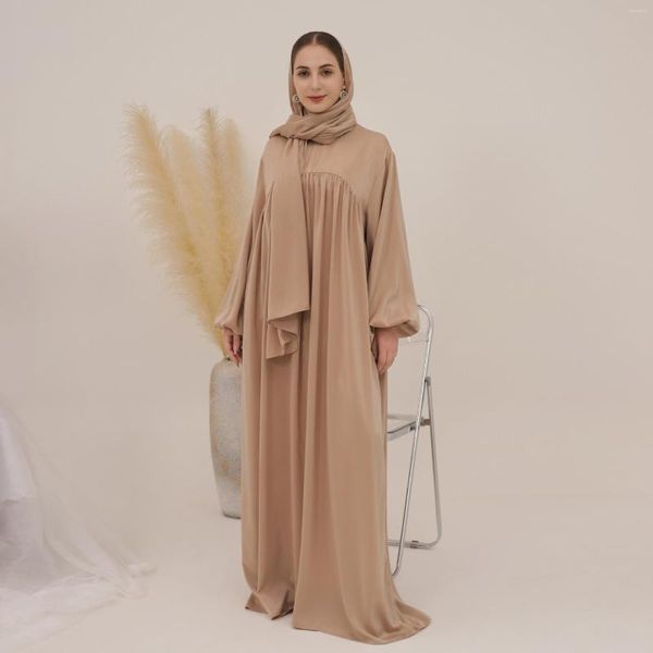 Vêtements ethniques Plain Abaya Avec Hijab Eid Robe Musulmane Femmes Brillant Velours Satin Ballon Manches Islam Robes Africaines Dubaï Turquie Abayas