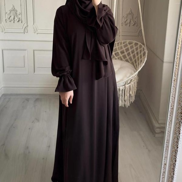 Ropa étnica Abaya lisa con bufanda de hijab integrada Cremallera frontal Jilbab islámico Una pieza Mujeres musulmanas Ropa de oración Vestido de Dubai