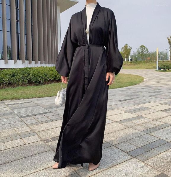 Vêtements ethniques Plain Abaya Femme Musulman Robe Dubaï Mode Puff Manches Cardigan Robe avec ceinture Moyen-Orient Dame Simple Costume Arabe