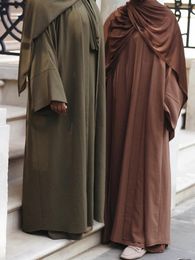 Ropa étnica, crepé liso, conjunto de Abaya de 2 piezas, conjunto a juego, Dubai, Turquía, mujeres musulmanas, modesto, sin mangas, vestido interior con Kimono