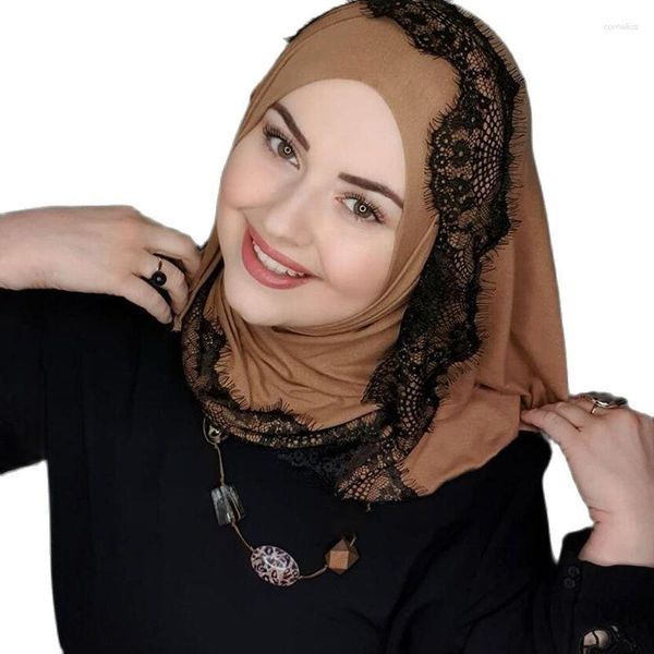 Ropa étnica Bufanda de encaje liso Burbuja Algodón Hijabs para mujeres Color sólido Bufandas bordadas Gasa Mujer musulmana Velo Eid Abaya Turbante