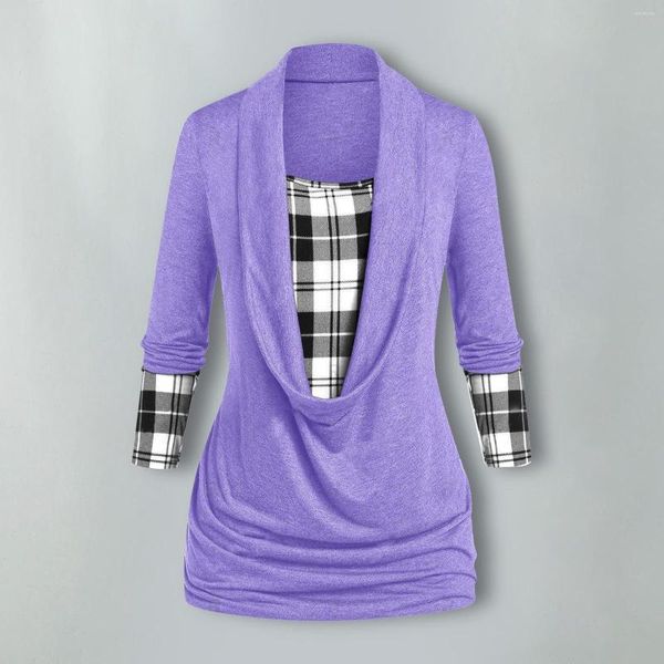 Vêtements ethniques uni à manches longues t-shirt femmes dans un paquet mode femme Plaid épissure écharpe col haut à cordon