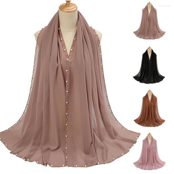 Vêtements ethniques Plaine Perle Bubble Mousseline de soie Foulard Femme musulmane Tête Hijab Wrap Solide Perle Châles À La Main Bandeau Foulard Femme Hijabs