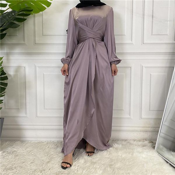 Ropa étnica Llanura Satén Maxi Vestido Mujer Moda Envoltura Frontal Volantes Manga larga Musulmán Abaya Hijab Vestidos Fiesta Boda Dubai Turquía