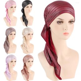 Vêtements ethniques Plissé Deux queues Bonnets brillants Musulman Hijab Turban Chapeau pré-attaché Stretch Perte de cheveux Couverture Écharpe Wrap Chemo Cap Bonnet