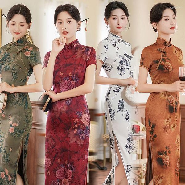 Ropa étnica de talla grande 3Xl 4Xl 5Xl Qipao mujeres elegantes Cheongsam Vintage estilo chino vestido Sexy estampado Vestidos divididos Causal
