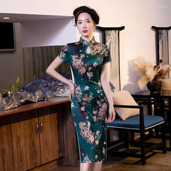 Vêtements ethniques grande taille 4XL 5XL rayonne dame été quotidien Cheongsam robe imprimer fleur élégante mince robes de soirée Vintage à manches courtes Qipao