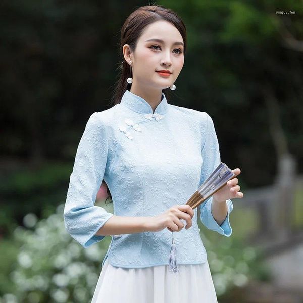 Ropa étnica Tallas grandes 4xl Chino Qipao Top Mujeres Tang Ropa Elegante Cheongsam Vintage Jacquard Tradición Traje Mandarin Collar