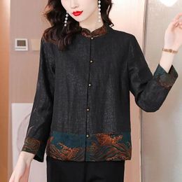 Etnische Kleding Plus Size Chinese Stijl Jacquard Shirt Vrouwen 2024 Lente En Herfst Retro Stand Collor Single-Breasted Elegante top