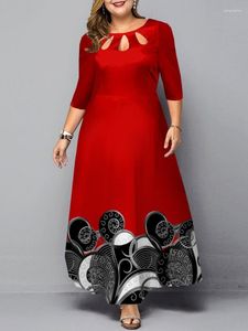 Vêtements ethniques robe de grande taille 2023 automne élégant imprimé Tribal longue fête femmes Sexy col rond évider rouge tenues de soirée de noël 5XL