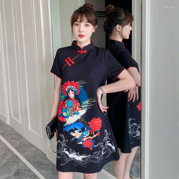Ropa étnica Tallas grandes M-4XL Ópera de Pekín Estampado Moda Moderna Tendencia Cheongsam Vestido para mujer Manga corta Qipao Chino tradicional