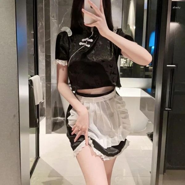 Vêtements ethniques Plus Taille Qipao Maid Robe Lingerie Rétro Cheongsam Style National Spicy Girl Sexy Tablier Uniforme Cosplay Servant