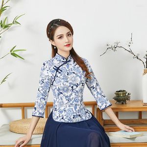 Vêtements ethniques grande taille S-4XL Blouse Style chinois bleu et blanc porcelaine hauts Cheongsam élégant imprimé Qipao chemise haute