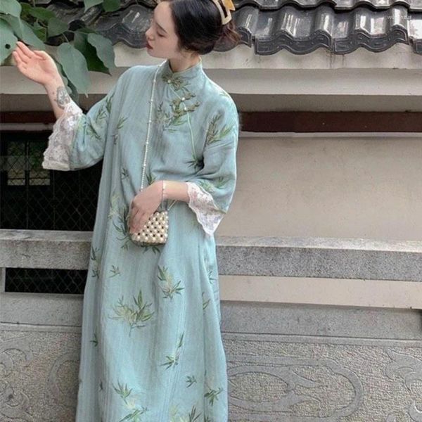 Vêtements ethniques Plus Taille Traditionnelle Chinoise Qipao Robe Cheongsam Brodé Femme Élégante Surdimensionnée Doux Jeune Été Lâche Vert