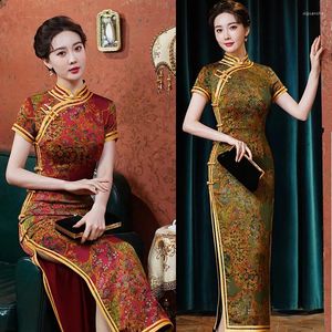 Vêtements ethniques Plus Taille Traditionnelle Femlae Long Qipao Vintgae Classique Col Mandarin Robe Chinoise Cheongsam Sexy Imprimer Fleur Split