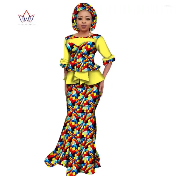 Vêtements ethniques Plus Taille Femmes Deux Pièces Ensemble Manches Courtes Bazin Riche Afrique Style Mode Jupe Costume O-cou Tenues Africaines WY2394