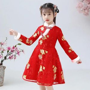 Vêtements ethniques Peluche Winter Qipao Robe Fille Adolescent Année chinoise Vêtements Rose Bleu Rouge Broderie Cheong Sam Robes pour enfants Filles 2024