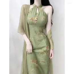 Vêtements ethniques Pmwrun Green Halterneck Robe Fils Été Ancien Cheongsam Jeune Fille Elégance Tempérament De Style Chinois Femme