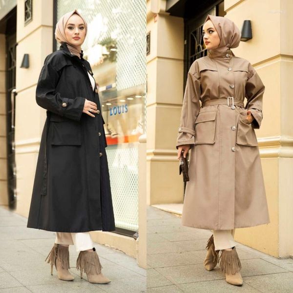 Ropa étnica Bolsillo Detallado Gabardina Abrigo Largo Gemelos Invierno Temporada Impermeable Turquía Dubai Mujeres Islámicas Moda Musulmana Hijab Cap