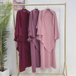 Vêtements ethniques Robe de prière crêpe 2 pièces Set Femmes musulmanes manches longues Abaya Dresstwo couches khimar hijab foulard islamic vêtements Jilbab Dubai 230529