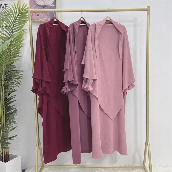 Ropa étnica Vestido de oración Crepe Conjunto de 2 piezas Mujeres musulmanas Mangas largas Abaya Dos capas Khimar Hijab Bufanda Islámica Jilbab Dubai