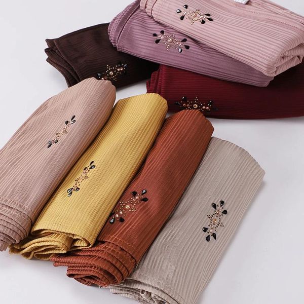 Vêtements ethniques Premium Ribbed Jersey Hijab Musulman Plaine Écharpe Crêpe Strass Doux Châles Islamiques Wraps Bandeau Voile Femme Musulman