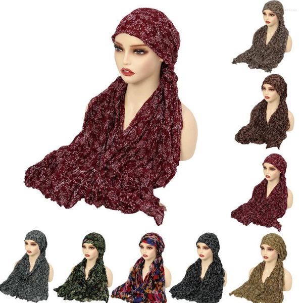 Ropa étnica Imprimir Sombrero de cola larga Mujeres Musulmanas Winkle Hijab Pañuelo en la cabeza Bonnet Chemo Cap Shawl Wrap Turban Pérdida de cabello Headwear Turbante Mujer