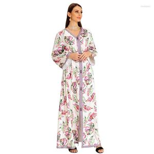 Vêtements ethniques imprimé longue robe moyen-orientale femmes ruban col en V robes lâche musulman Oman arabe Abaya