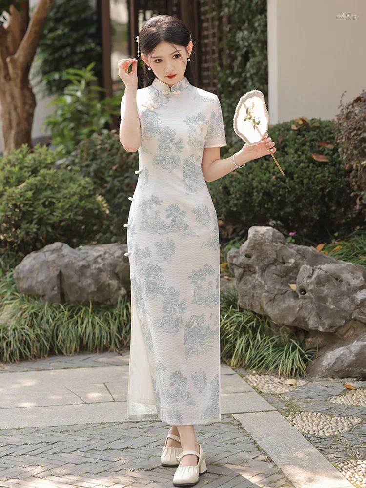 Etniska kläder tryckt satin kort ärm cheongsam kinesisk traditionell retro orientalisk lång stil qipao party klänningar