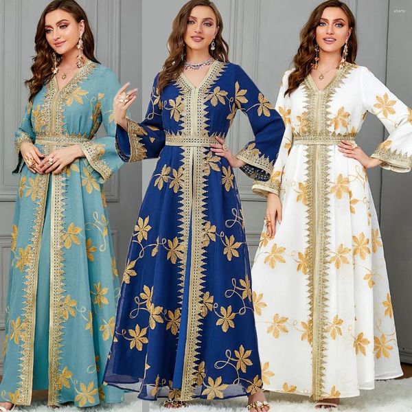 Ropa étnica Impreso Vestido de noche de dos piezas Mujeres Conjuntos musulmanes Marruecos Caftan Elegante Abaya Dubai Satén Robe Manga larga Abayas