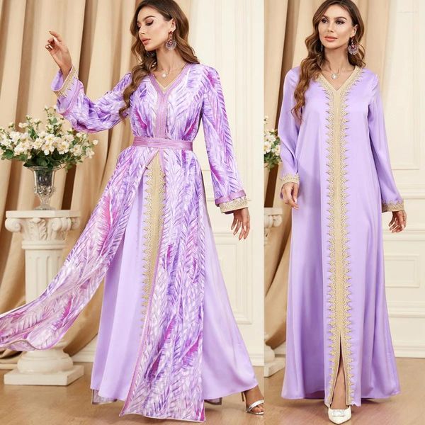 Vêtements ethniques Impression A-Line Satin Manches longues Nigeria Marocain Caftan Robes de soirée Deux ensembles Mode Jeunes robes de soirée formelles musulmanes