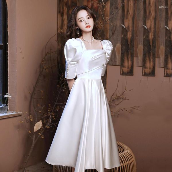 Vêtements ethniques manches bouffantes plissées Qipao perle col carré Cheongsam tempérament blanc robe de mariée robe sexy dame robes de