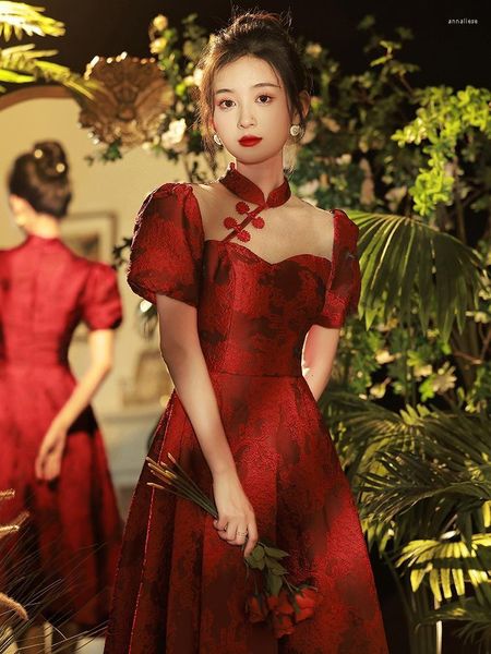 Ropa étnica mangas abullonadas cuello alto chino Qipao botón Vintage Cheongsam ropa tostada mujeres bordado vestido de baile